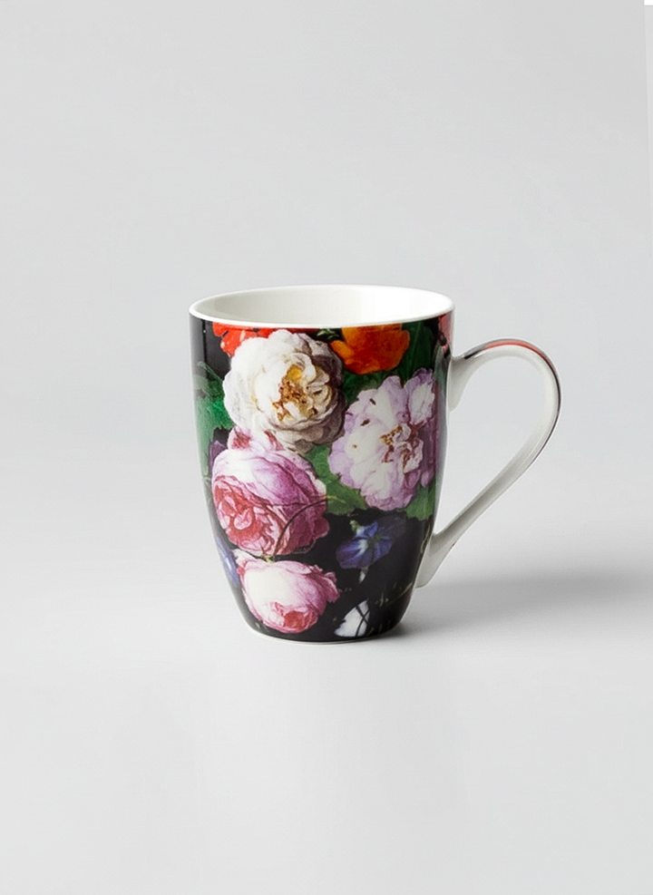 De Heem Flower Still Life porcelain mug front view – dark floral art design, ArtyGifts