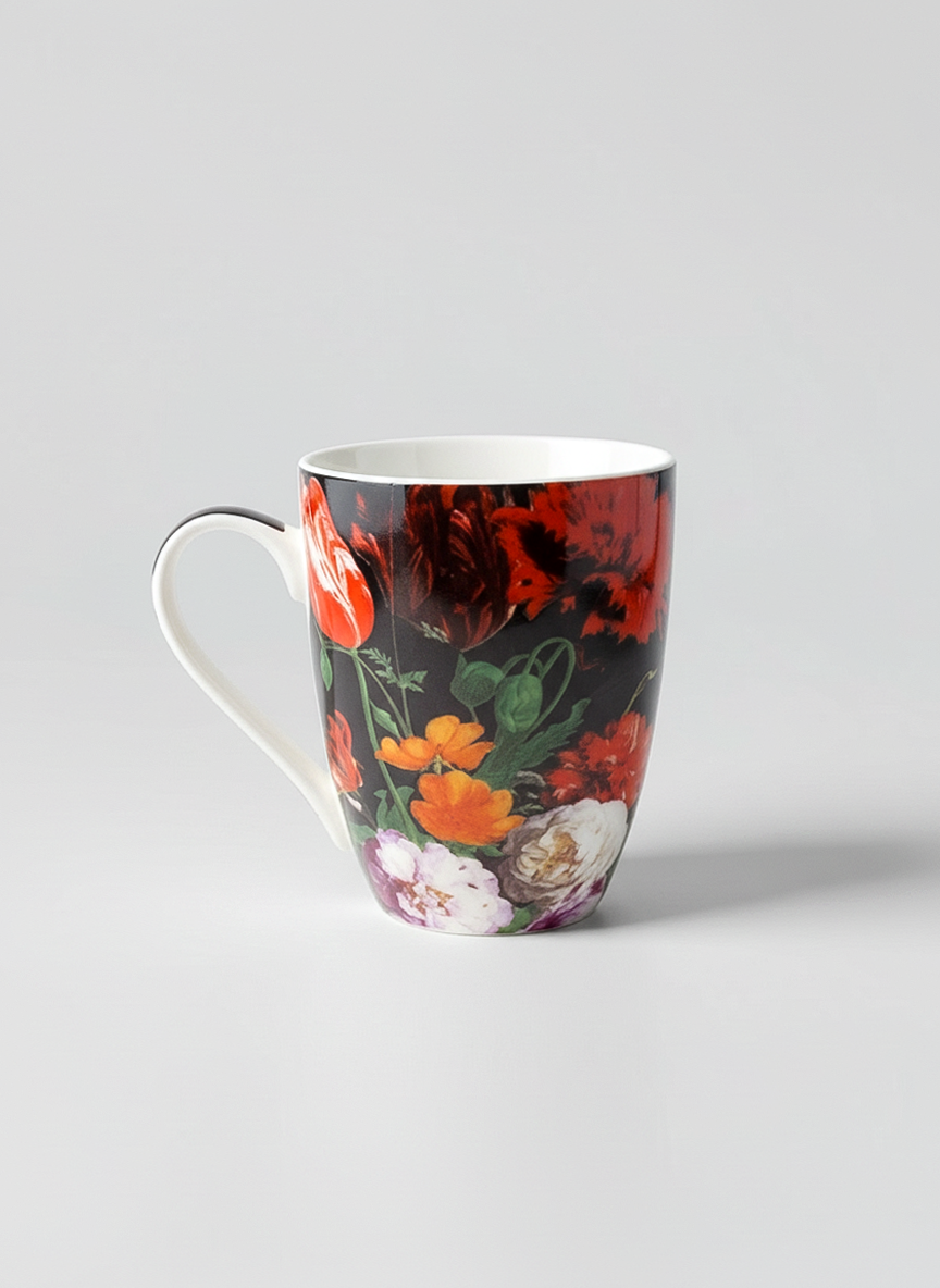 De Heem Flower Still Life porcelain mug side view – art gift, ArtyGifts museum shop