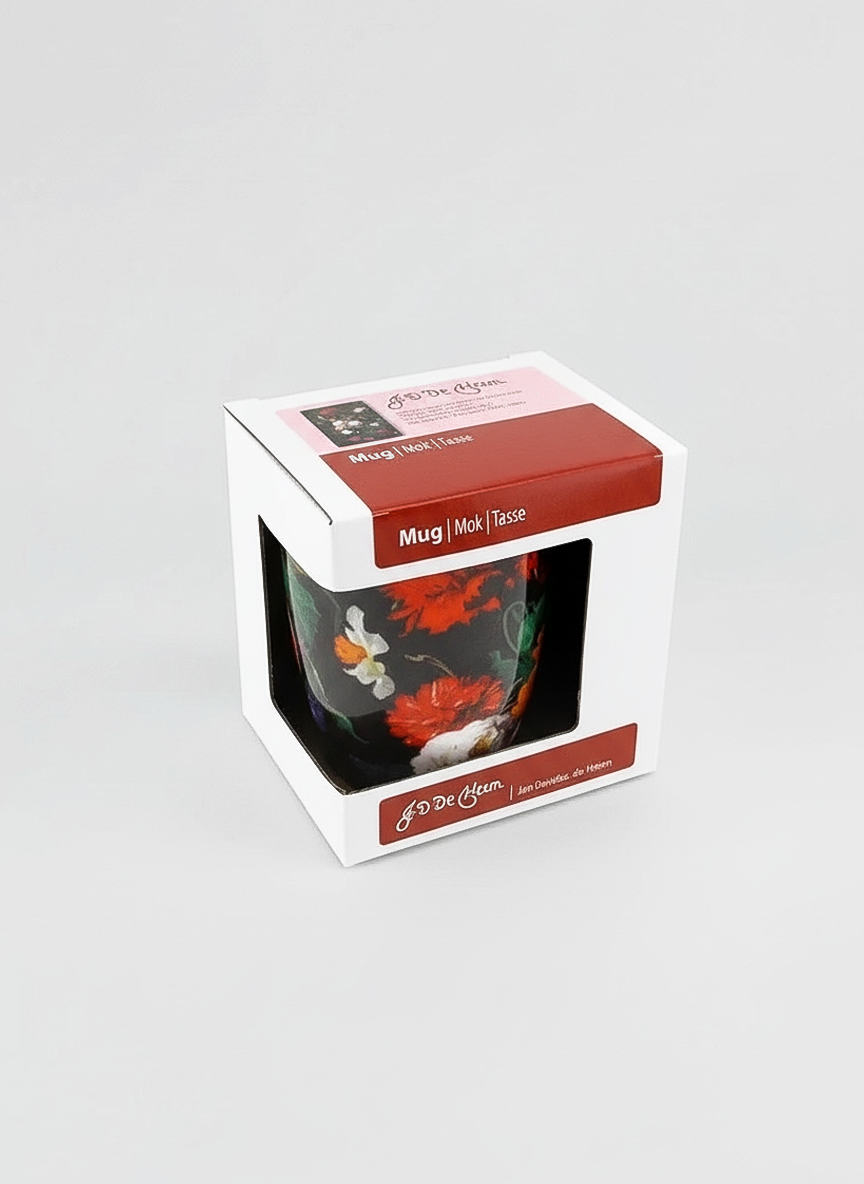 De Heem Flower Still Life mug gift box – red eco-friendly packaging, Rijksmuseum, ArtyGifts