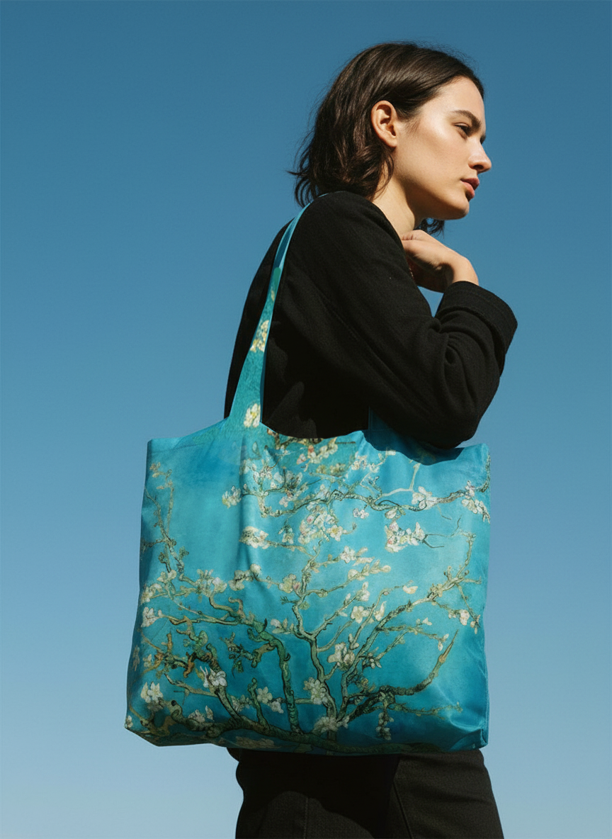Foldable Shopper Bag Almond Blossom Vincent van Gogh – woman carrying art bag on the street | ArtyGifts

