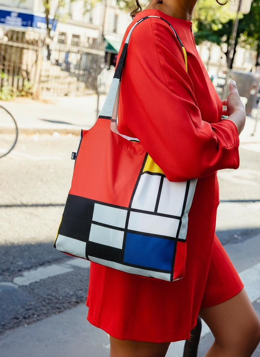 Foldable Shopper Bag Composition Red Blue and Yellow Piet Mondrian – woman carrying art bag on the street | ArtyGifts
