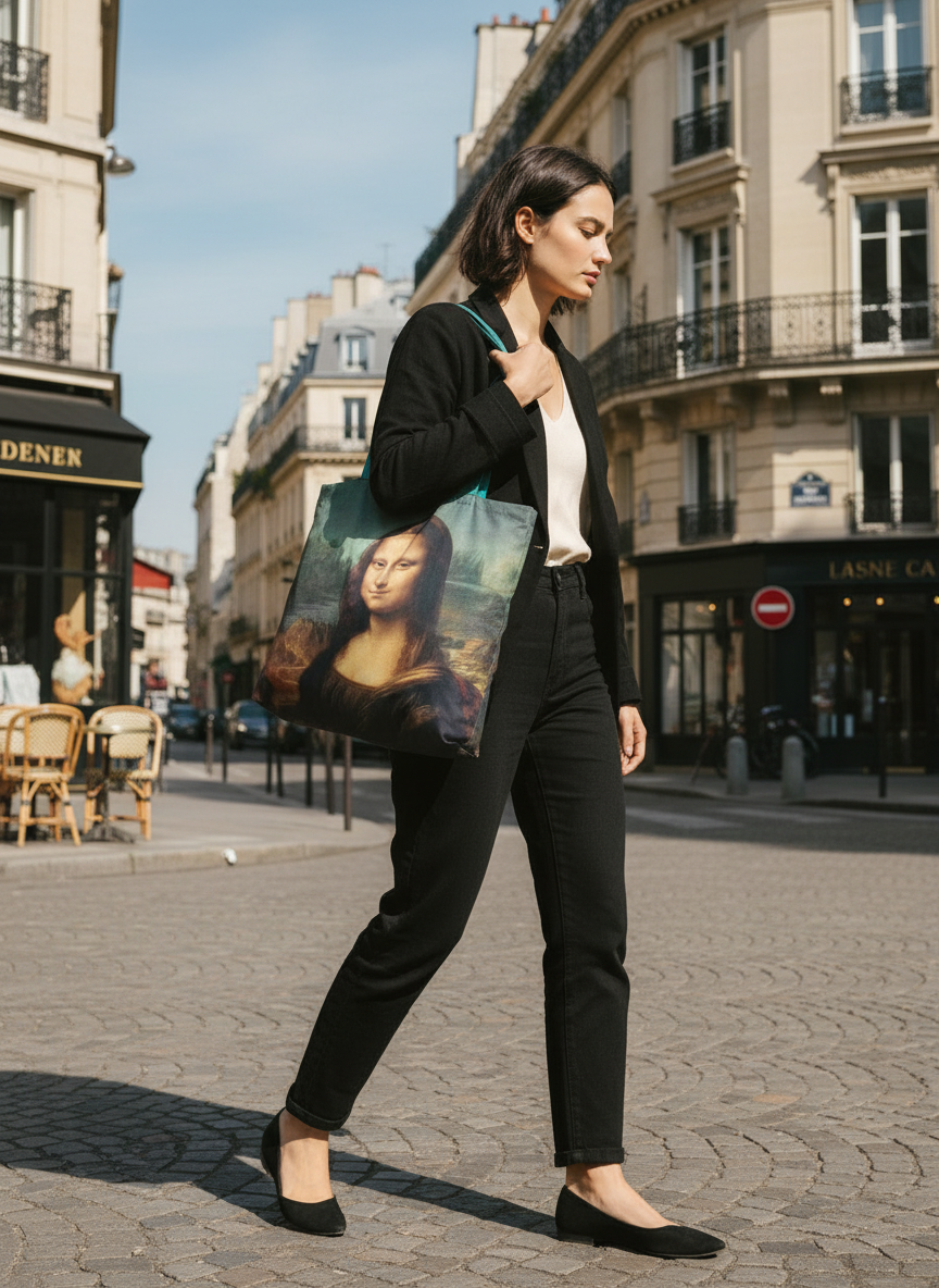 Foldable Shopper Bag Mona Lisa Leonardo da Vinci – woman carrying art bag on the street | ArtyGifts
