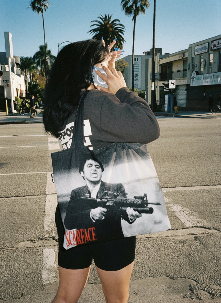 Foldable Shopper Bag Scarface – woman carrying art bag on the street | ArtyGifts

