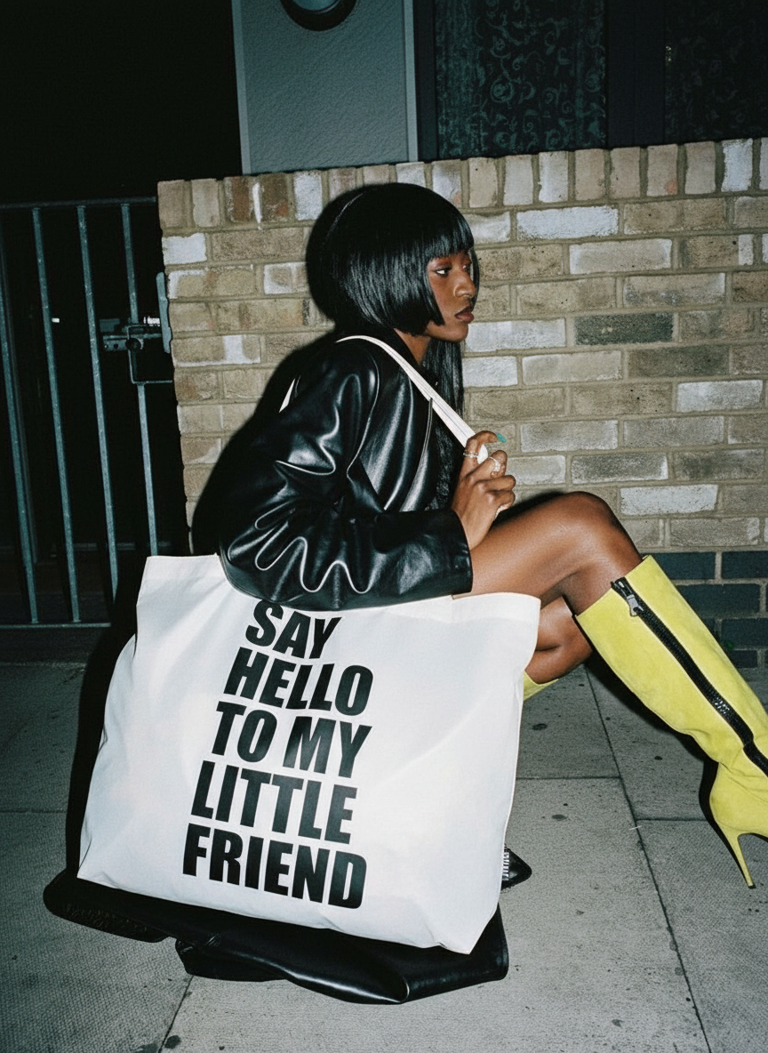 Foldable Shopper Bag Scarface – woman carrying art bag on the street | ArtyGifts

