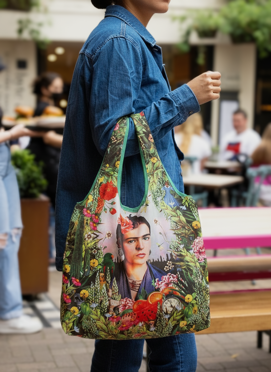 Foldable Shopper Bag Self Portrait Frida Kahlo – woman carrying art bag on the street | ArtyGifts
