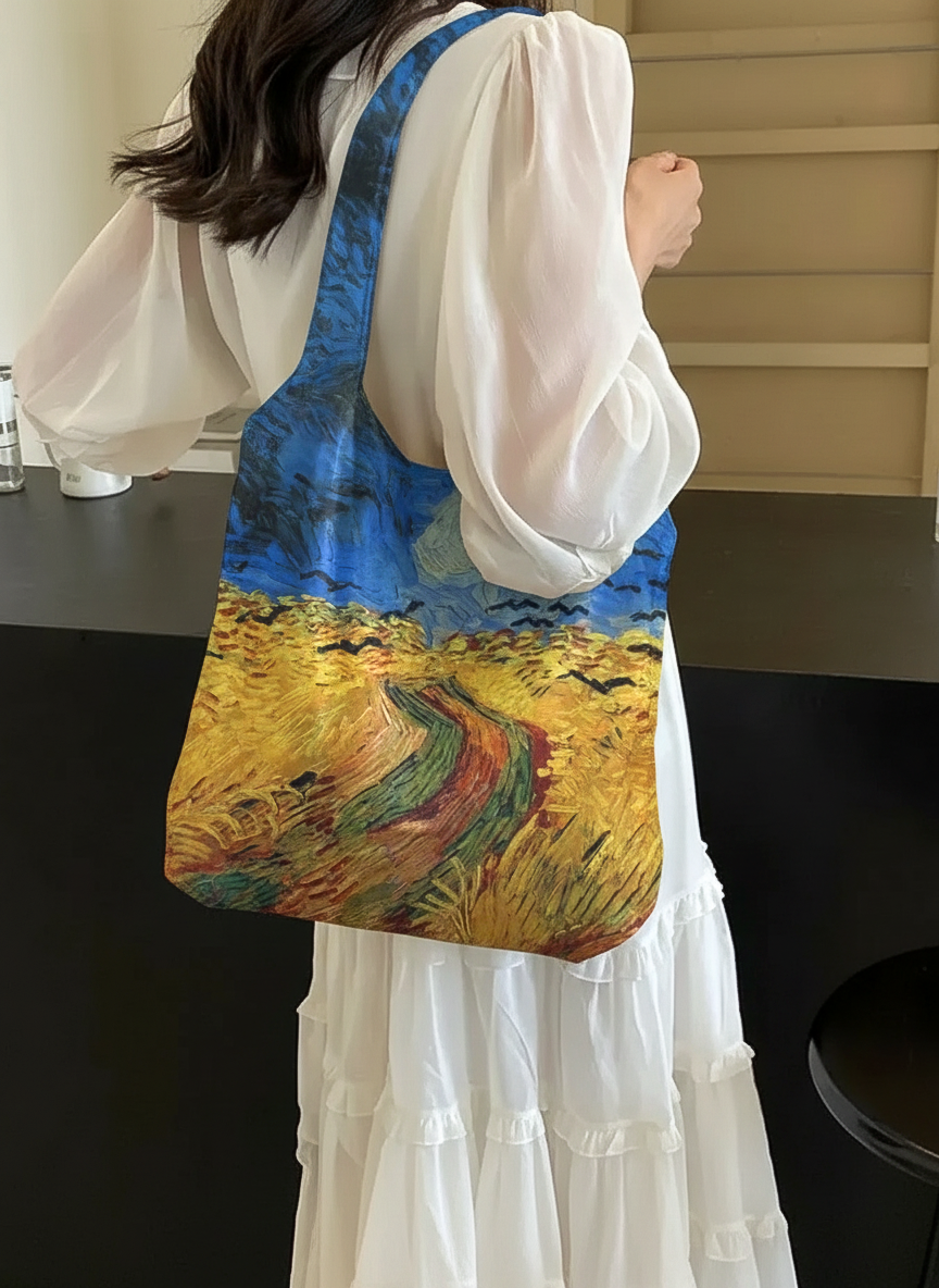 Foldable Shopper Bag Wheatfield with Crows Vincent van Gogh – woman carrying art bag on the street | ArtyGifts

