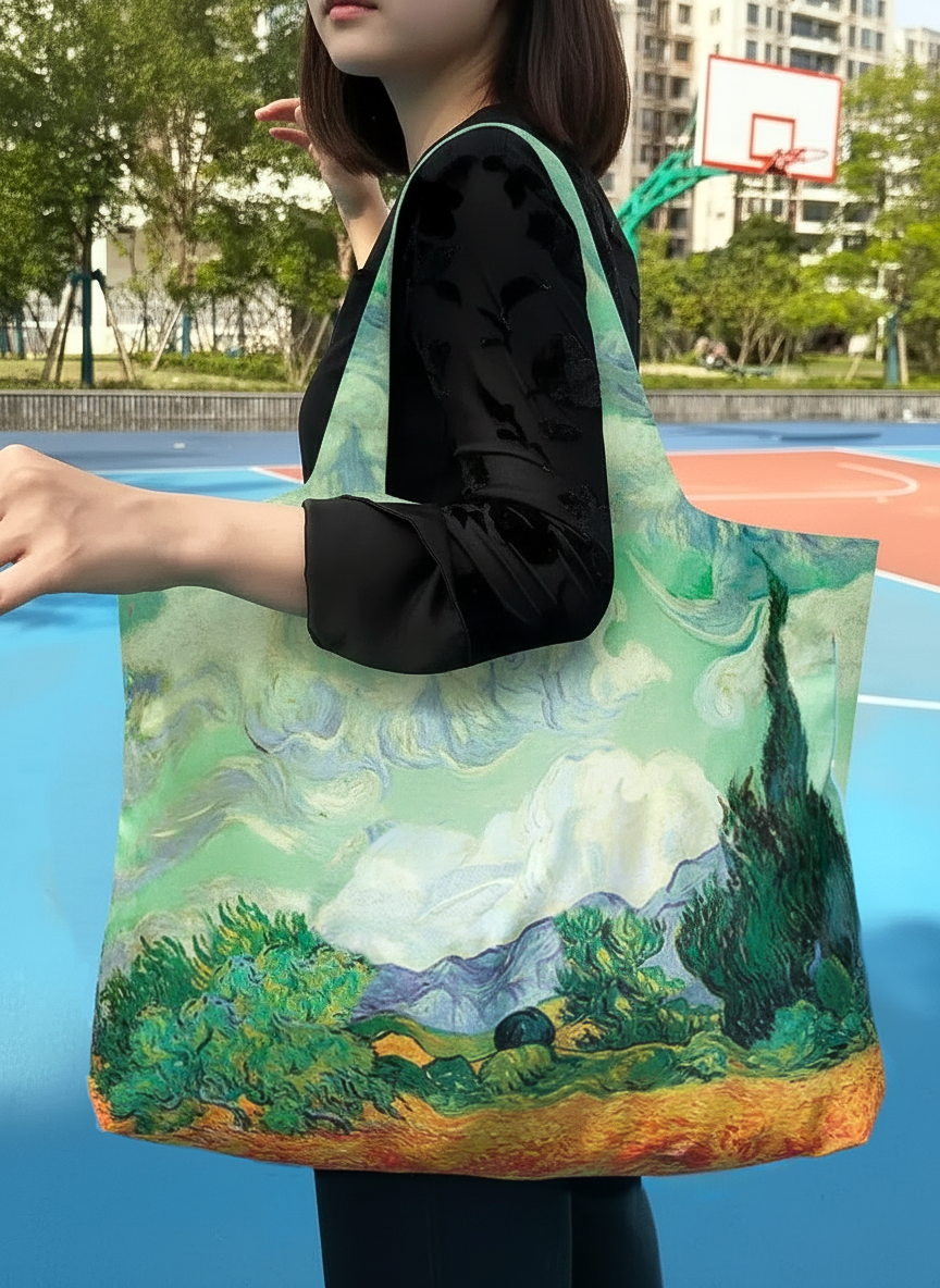 Foldable Shopper Bag Wheatfield with Cypresses Vincent van Gogh – woman carrying art bag on the street | ArtyGifts
