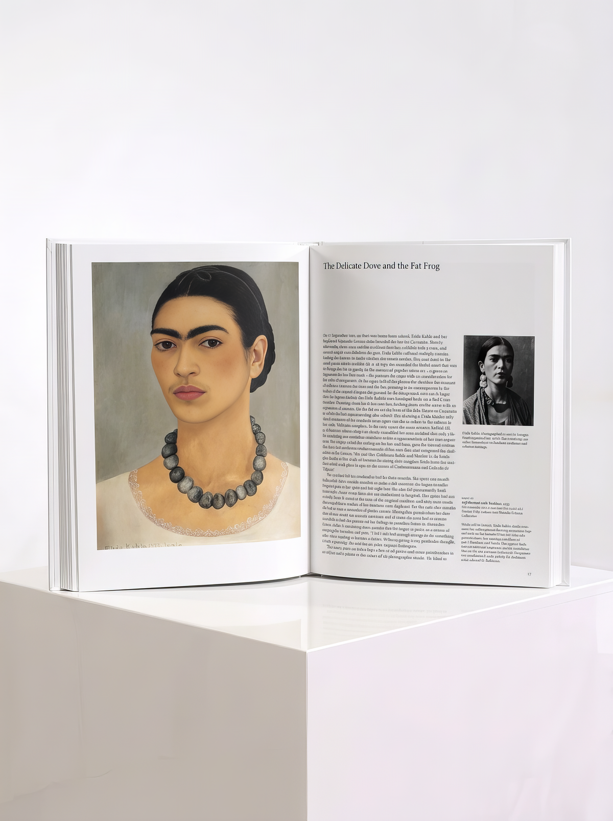 Open TASCHEN Frida Kahlo art book showing a painted portrait with a beaded necklace on the left and biographical text with a black-and-white photograph on the right.
