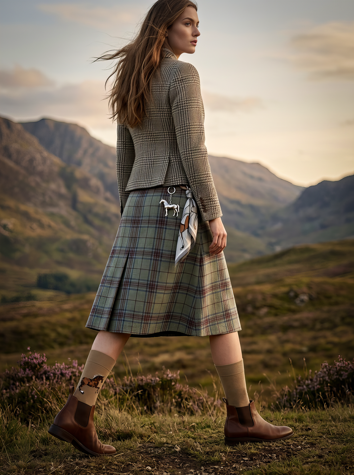 Woman in a plaid outfit walking through a mountain landscape, wearing taupe ArtyGifts socks featuring George Stubbs’s horse artwork with brown ankle boots.⠋


