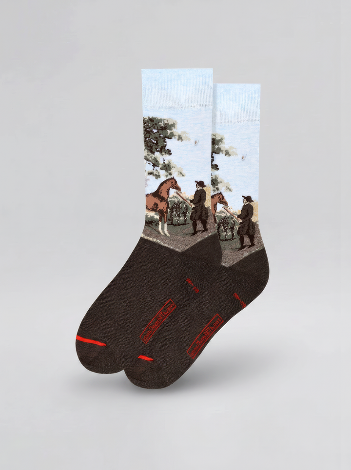 Single charcoal grey ArtyGifts sock with a pale blue cuff, horse artwork and red toe accent, shown against a white background.