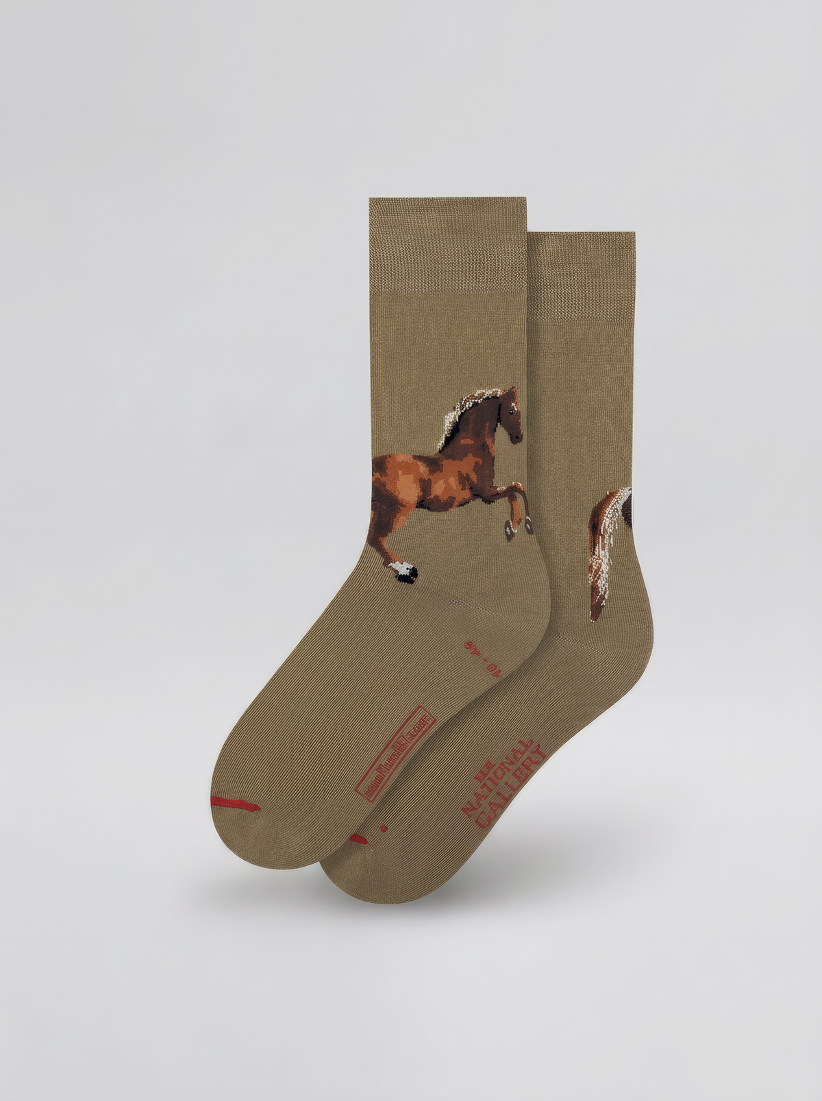 Pair of taupe ArtyGifts art socks featuring George Stubbs’s horse artwork, shown against a white background.