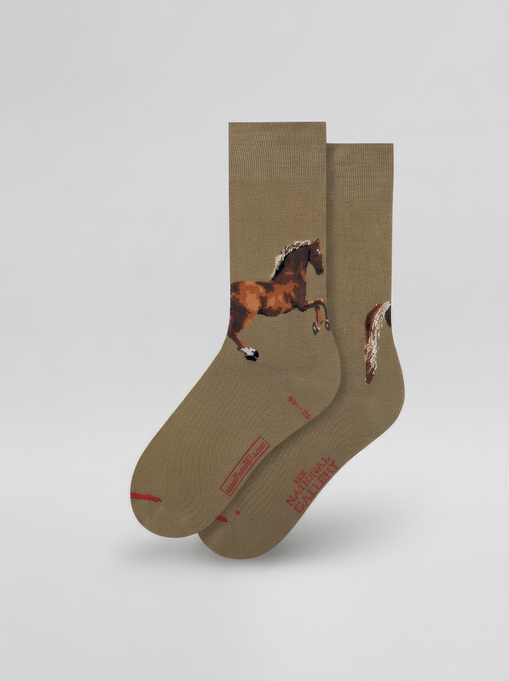 Pair of taupe ArtyGifts art socks featuring George Stubbs’s horse artwork, shown against a white background.