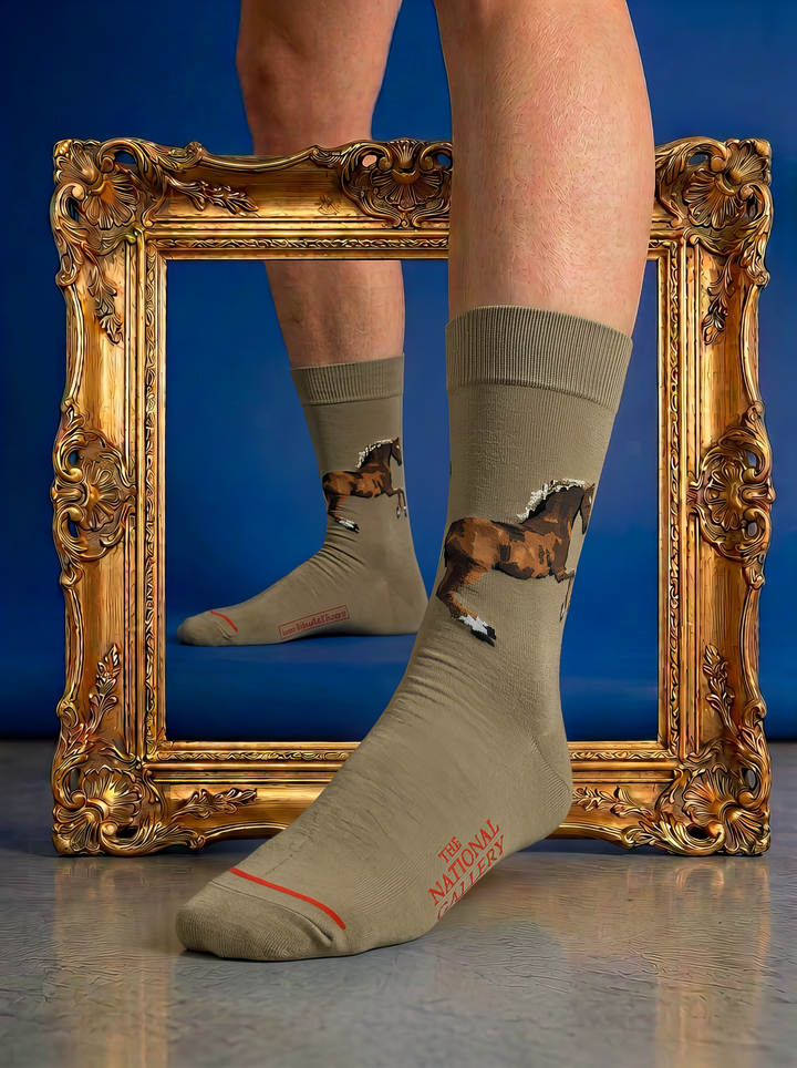 Pair of taupe ArtyGifts socks featuring George Stubbs’s horse artwork, displayed within an ornate gold frame against a blue background.