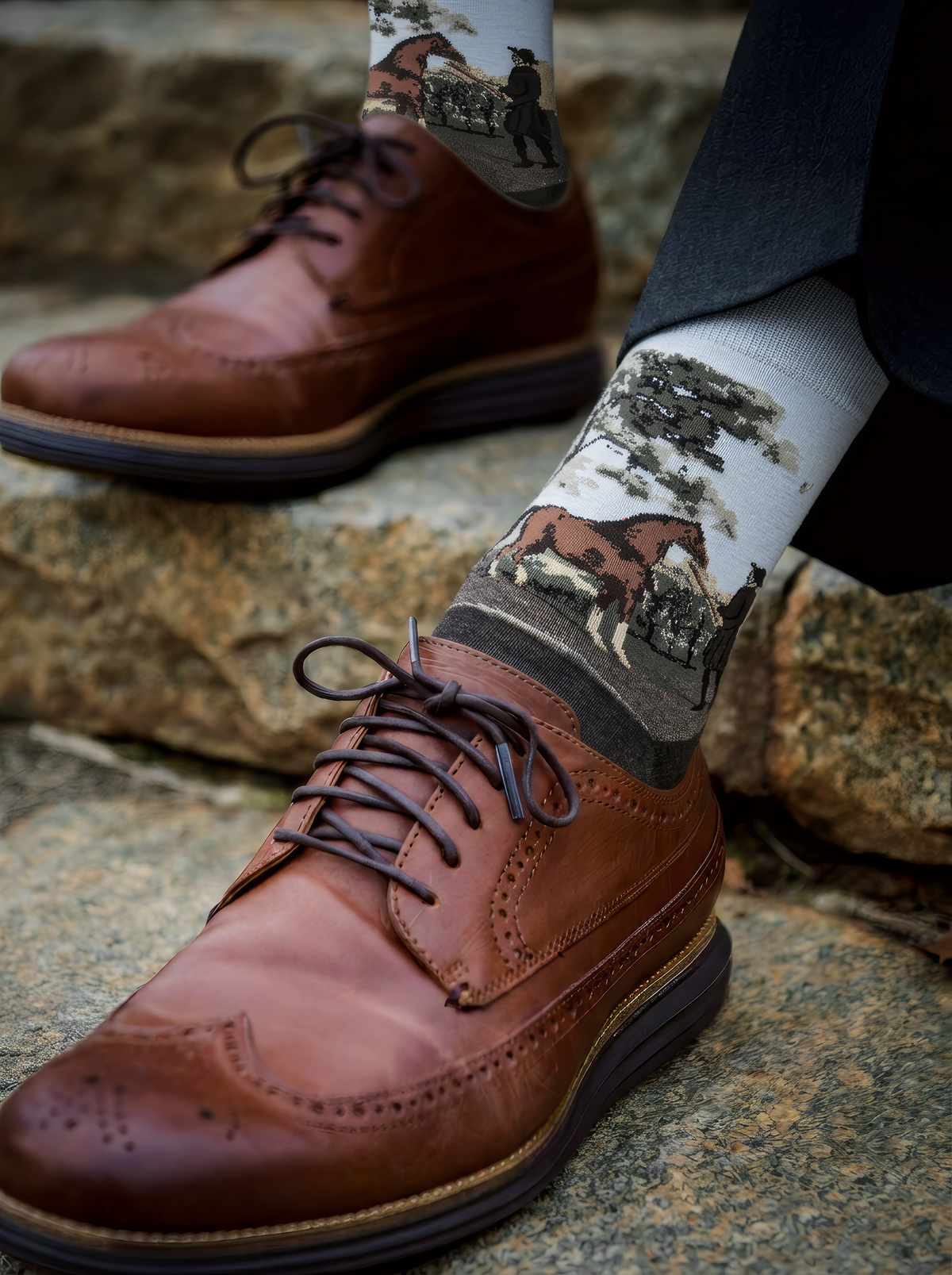 Brown leather brogue shoes and charcoal grey ArtyGifts horse art socks with pale blue cuffs on a stone surface.
