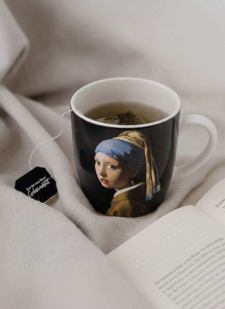 Vermeer Girl with the Pearl Earring porcelain mug front view – dark background, ArtyGifts