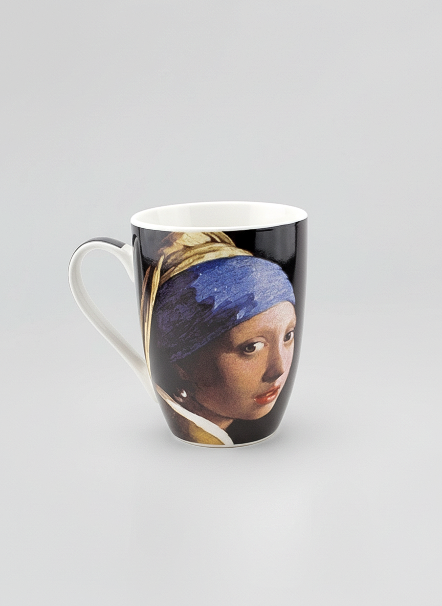 Vermeer Girl with the Pearl Earring porcelain mug – light background detail view, ArtyGifts