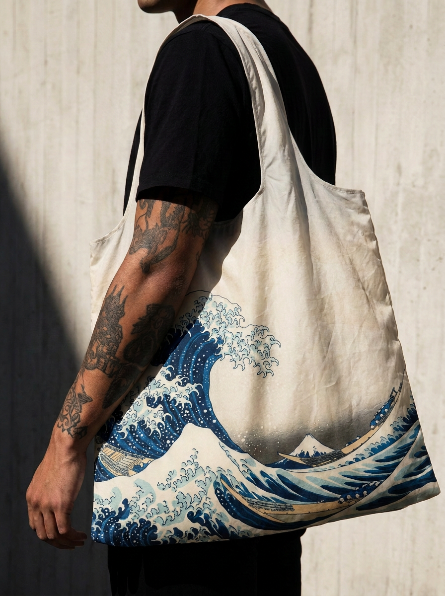 Japanese art tote bag Alt tekst: Hokusai Great Wave foldable shopper bag carried by tattooed model – Japanese museum art tote from ArtyGifts