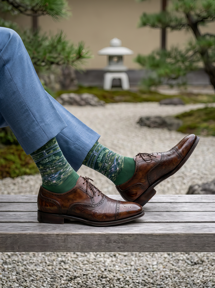 Person wearing green Claude Monet The Japanese Bridge art socks with blue trousers and brown leather shoes on outdoor steps. For women and men.