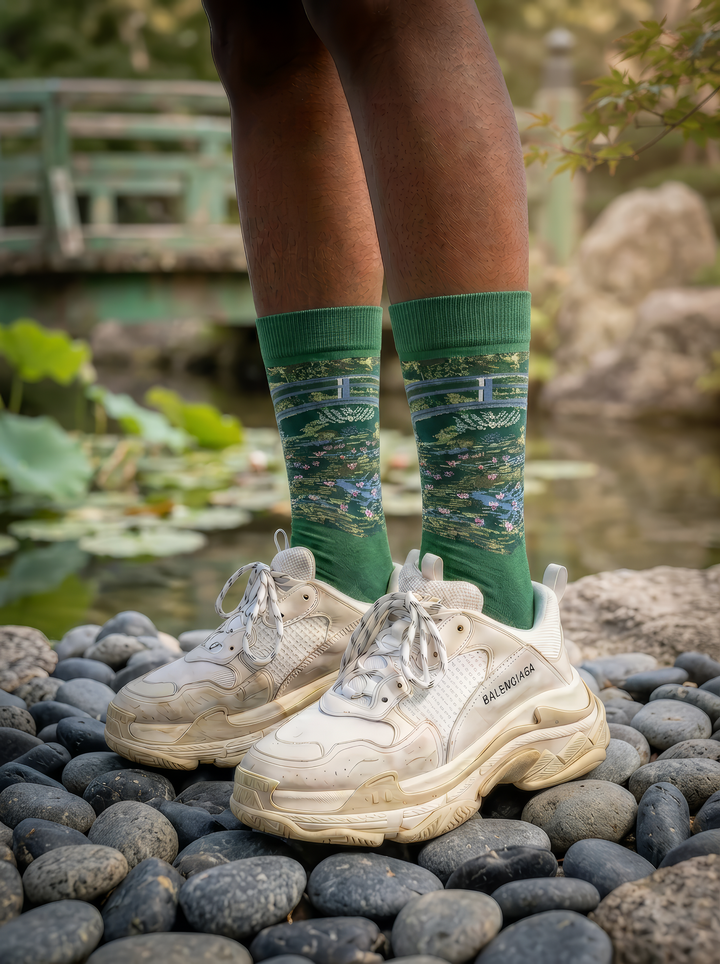 Person wearing green Claude Monet The Japanese Bridge art socks with white sneakers on smooth stones beside the water. Unisex socks for women and men.