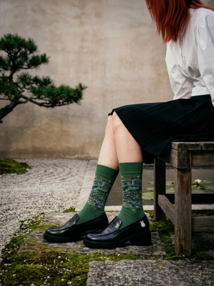 Person wearing green Claude Monet The Japanese Bridge art socks with a black skirt and dark shoes in a garden setting. For women and men.