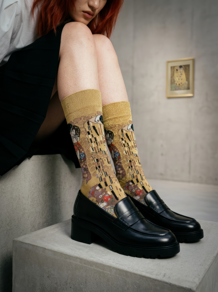 Person wearing gold Gustav Klimt The Kiss art socks with black ankle boots while seated indoors. Unisex art socks suitable for men and women.