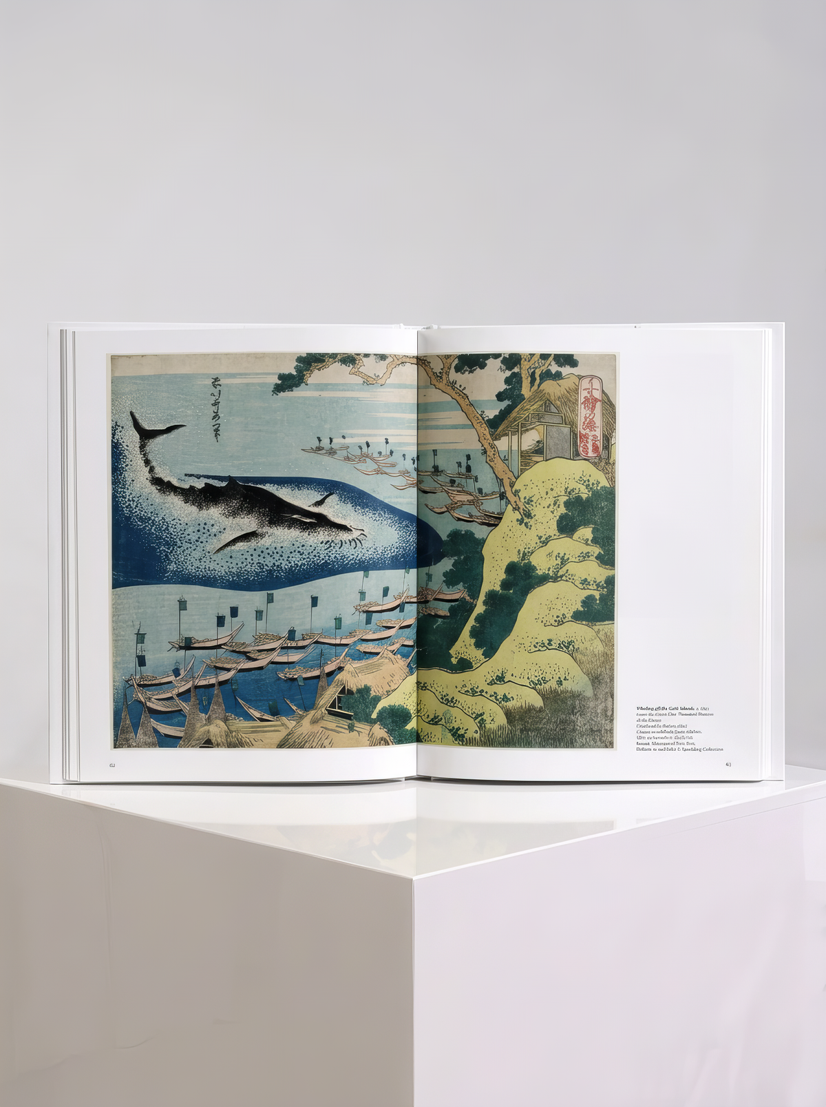 Open TASCHEN Hokusai art book showing a Japanese artwork across two pages, with boats on blue water and a green shoreline, displayed on a white plinth.
