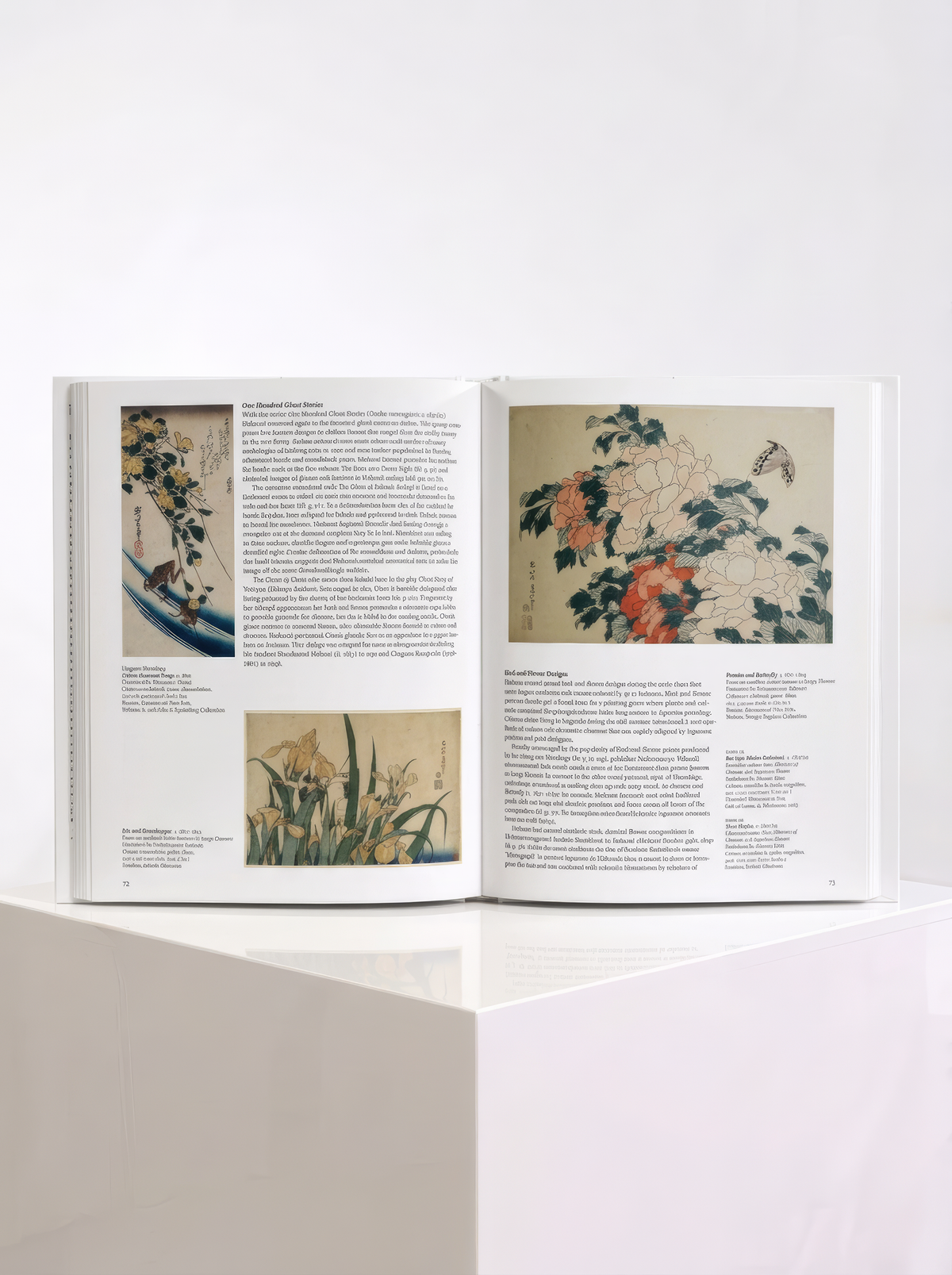 Open Hokusai TASCHEN art book displaying floral artworks and accompanying text, photographed on a white pedestal.
