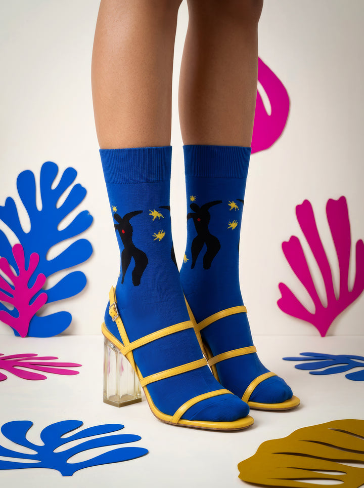 Henri Matisse Icarus art socks worn with yellow heels and Matisse cutouts – museum art gift from ArtyGifts
