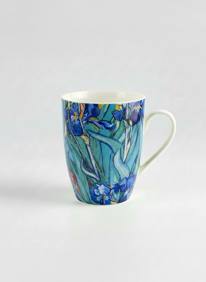 Van Gogh Irises porcelain mug front view – blue floral art design, ArtyGifts