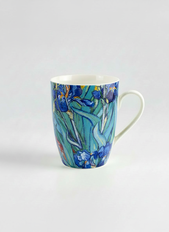 Van Gogh Irises porcelain mug front view – blue floral art design, ArtyGifts