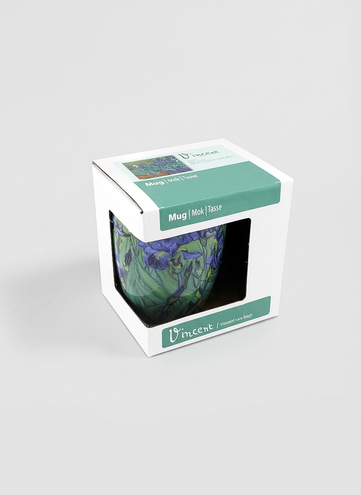 Van Gogh Irises mug gift box – green eco-friendly packaging, ArtyGifts museum shop