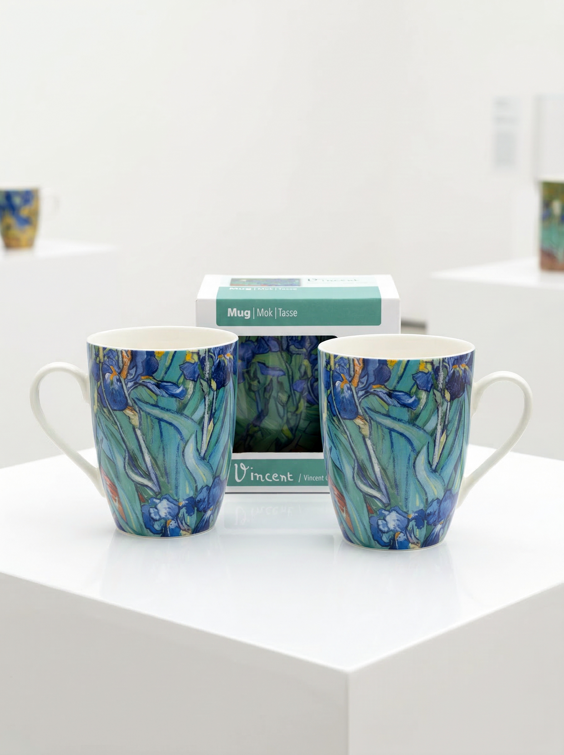 Van Gogh Irises porcelain mug set with gift box – two mugs side view, ArtyGifts