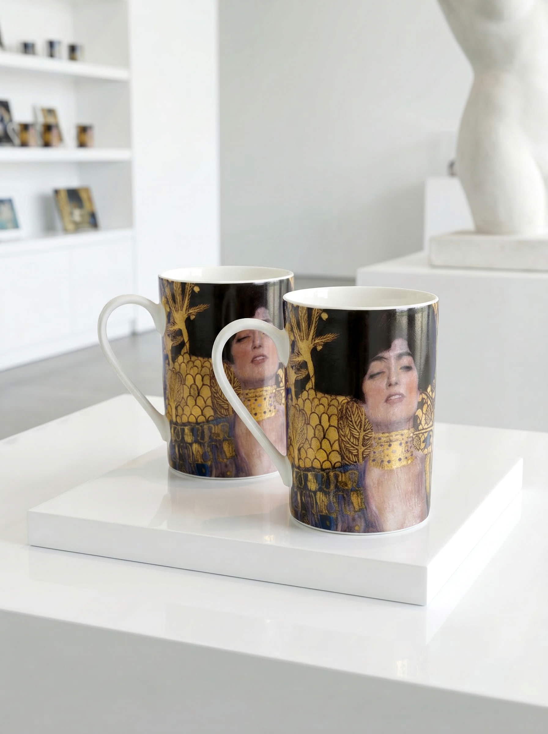Klimt Judith porcelain mug set – two mugs on white table, Belvedere Museum Vienna, ArtyGifts
