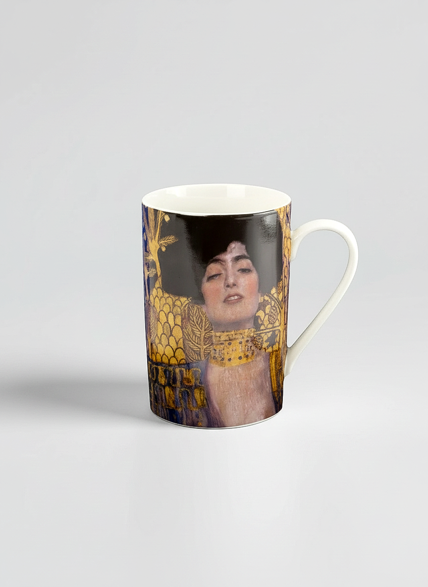 Klimt Judith porcelain mug – front view with gold art design, ArtyGifts