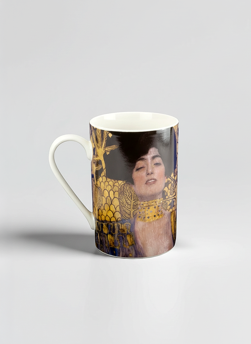 Klimt Judith porcelain mug side view – gold art gift, Belvedere Museum, ArtyGifts