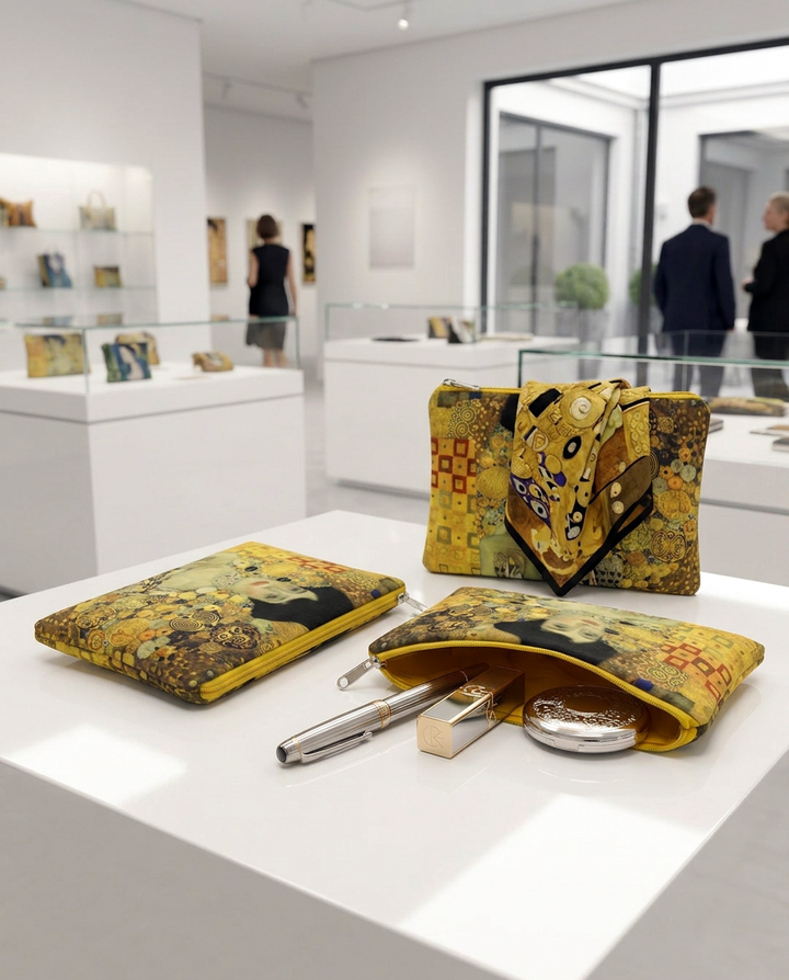Yellow cosmetic pouch with zipper, open with pen, lipstick and mirror on white museum display table