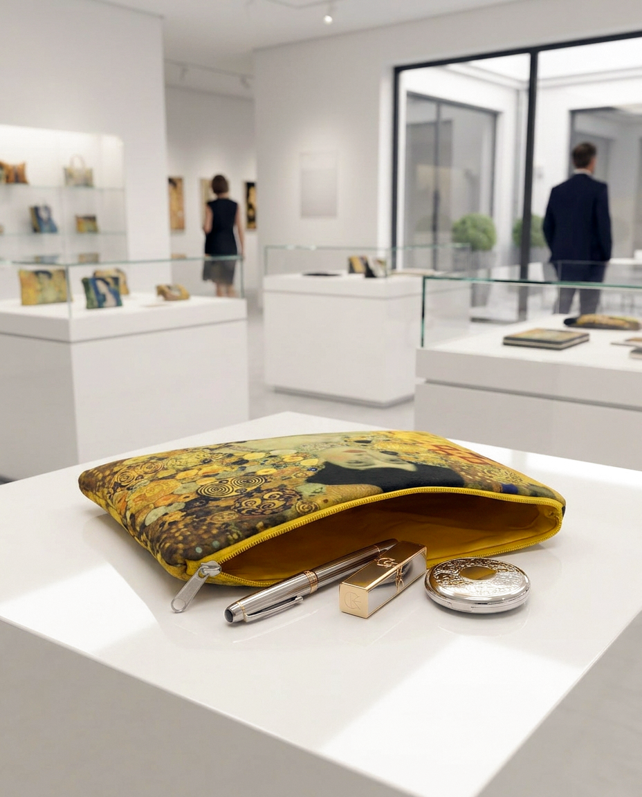 Yellow cosmetic pouch with zipper, open with pen, lipstick and mirror on white museum display table