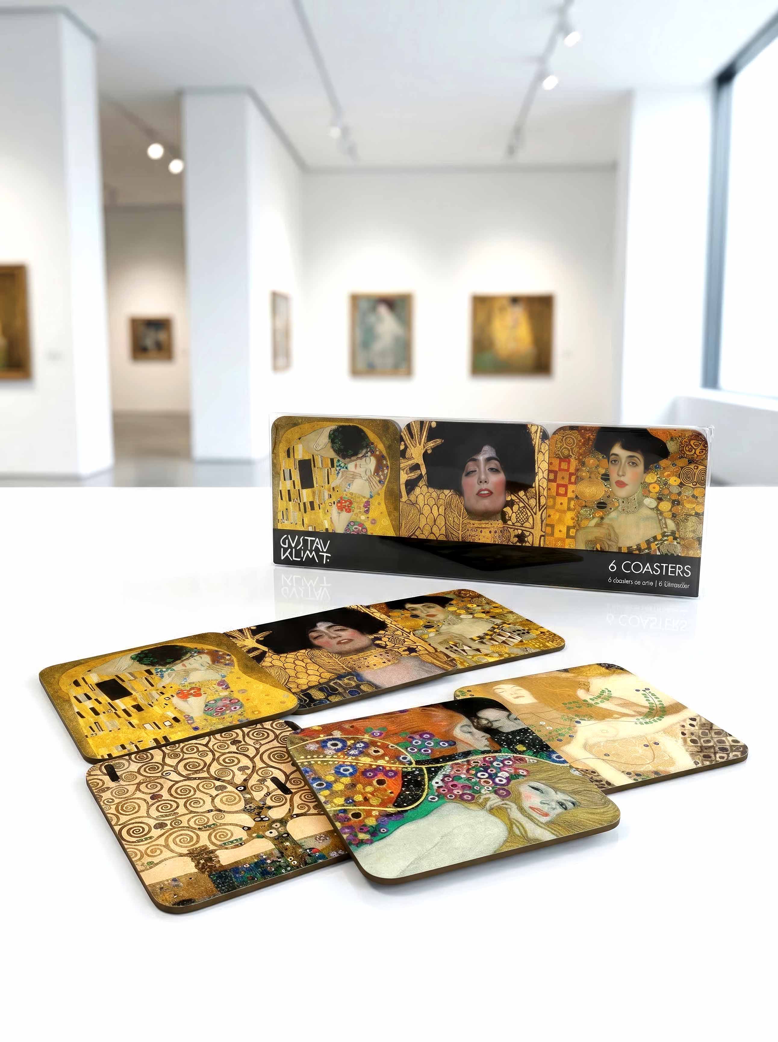 Gustav Klimt Masterpieces coaster set with gift box in museum setting — art souvenir gift for him or her | ArtyGifts