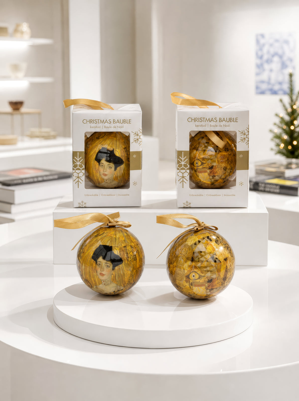 Front and back of a Gustav Klimt Adèle Bloch-Bauer Christmas bauble with gold ribbons displayed in front of their gift boxes on a white pedestal – officially licensed museum art ornament, 7 cm diameter, unbreakable. A unique art Christmas gift from ArtyGifts.