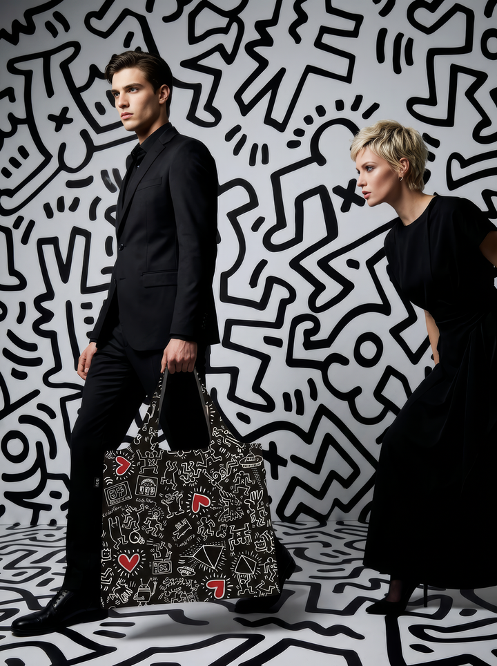 Two models in black outfits against a wall and floor covered in outlined figures, with one holding a LOQI Keith Haring shopper bag featuring red hearts.
