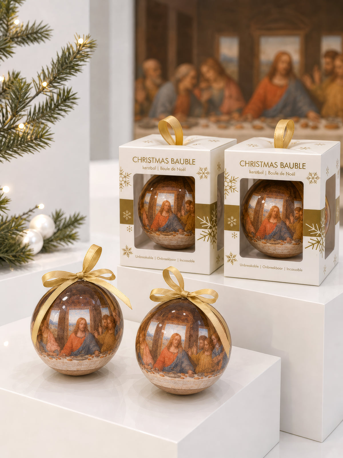 Two Leonardo da Vinci Last Supper Christmas baubles with gold ribbons displayed next to their gift boxes, with the Last Supper painting in the background – officially licensed museum art ornament, 7 cm, unbreakable. A unique religious art Christmas gift from ArtyGifts.