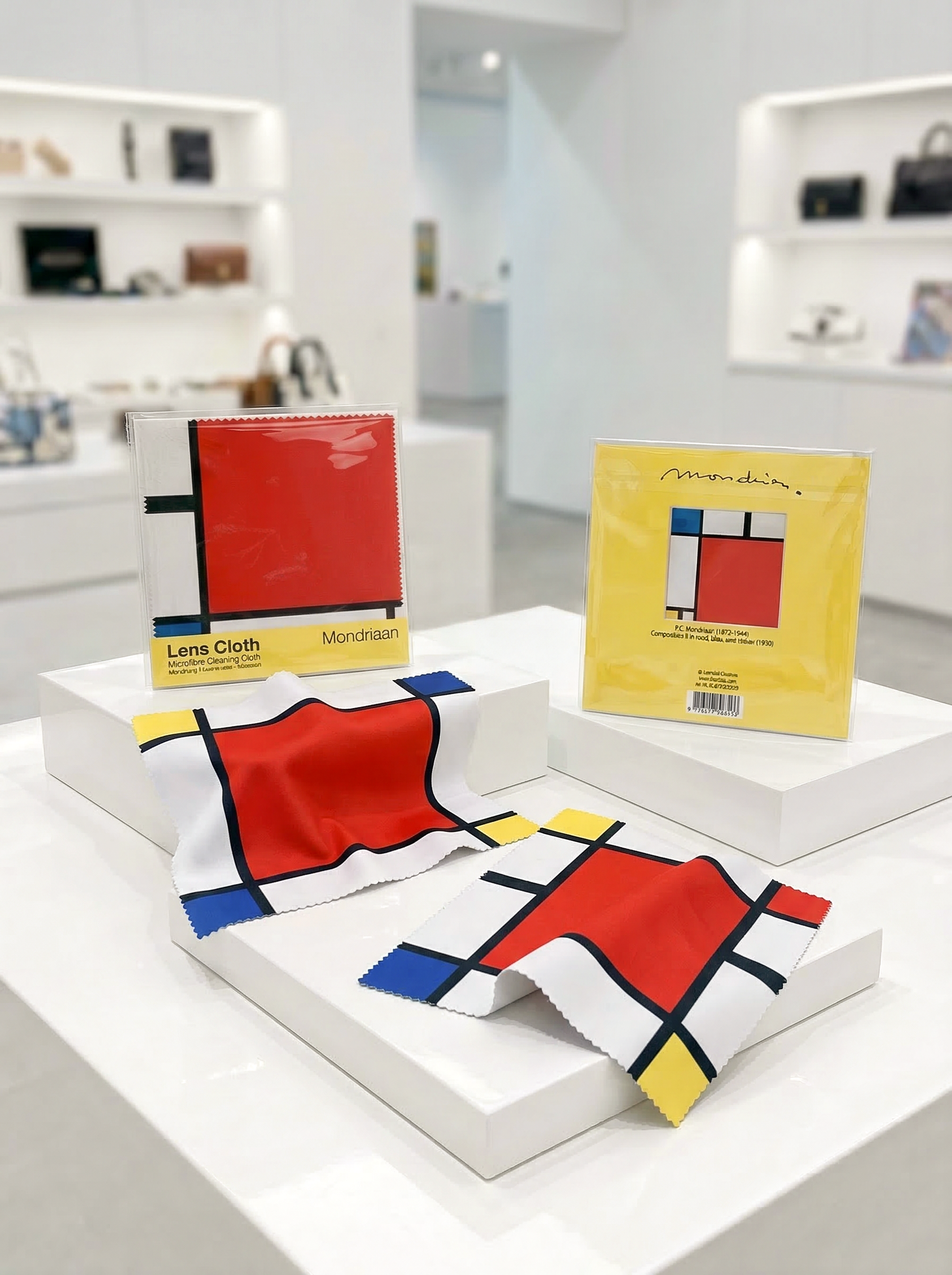 Lens Cloth Set Composition Red Blue and Yellow Piet Mondrian – displayed in museum shop | ArtyGifts
