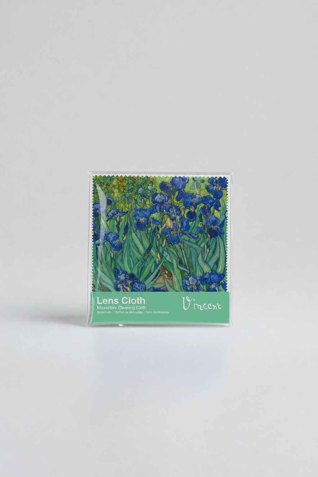 Folded microfiber lens cloth featuring Irises by Vincent van Gogh from ArtyGifts
