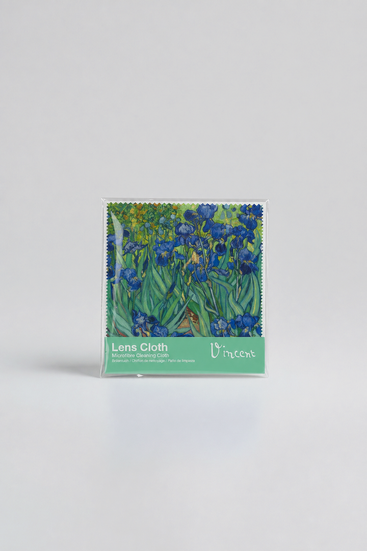 Folded microfiber lens cloth featuring Irises by Vincent van Gogh from ArtyGifts
