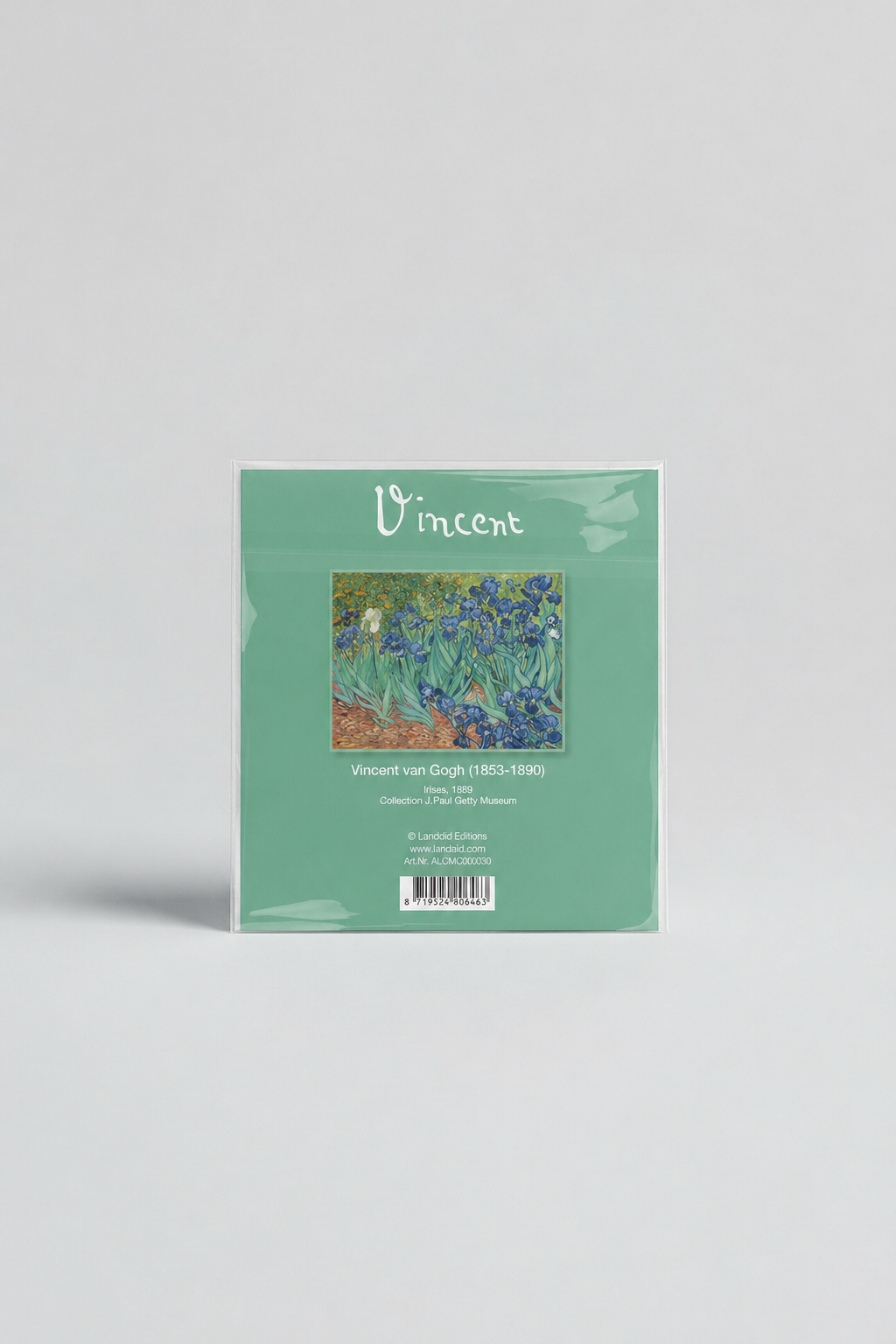 Packaged microfiber lens cloth set featuring Irises by Vincent van Gogh from ArtyGifts
