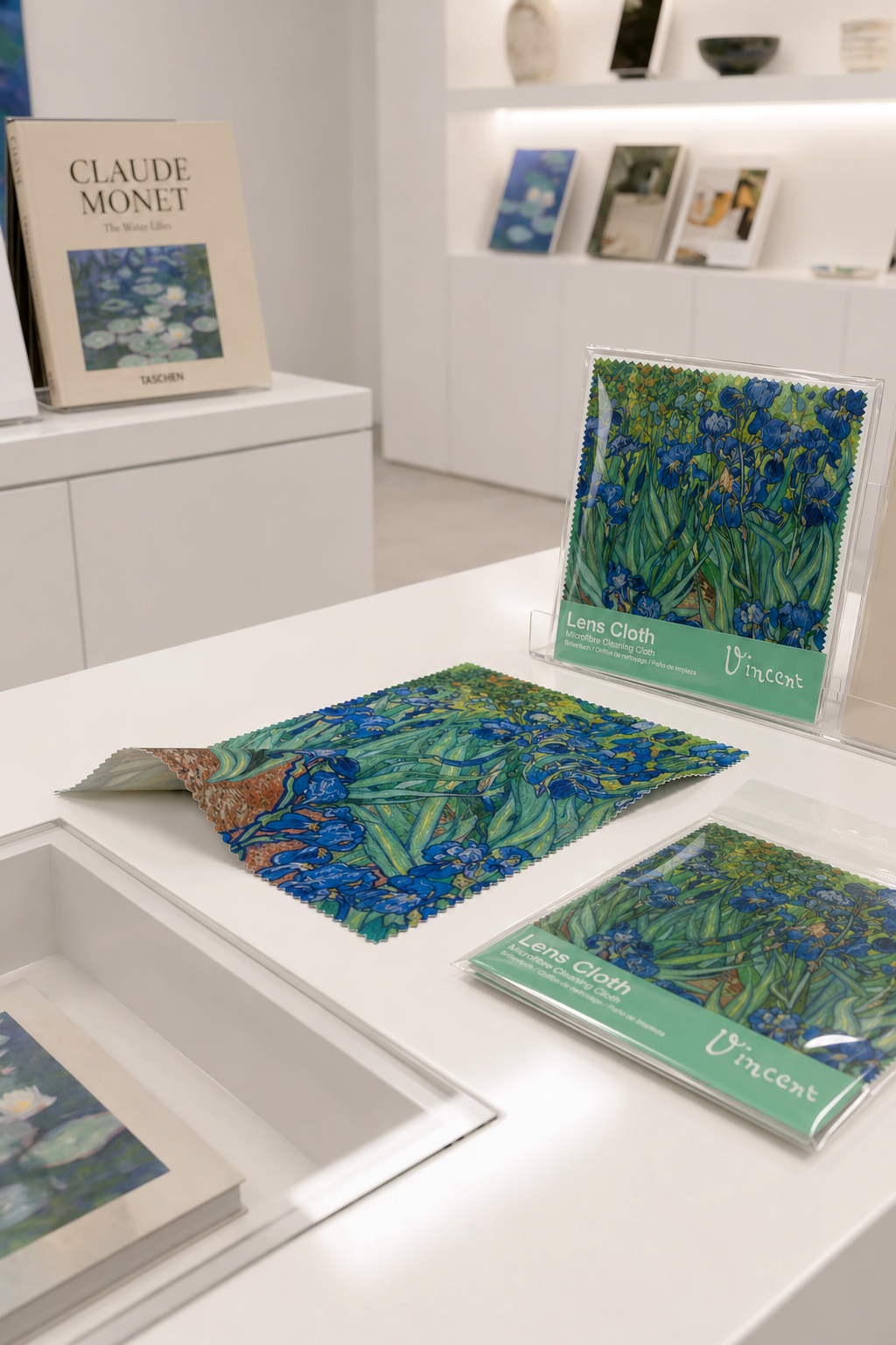 Art microfiber lens cloth set featuring Irises by Vincent van Gogh, displayed in ArtyGifts store

