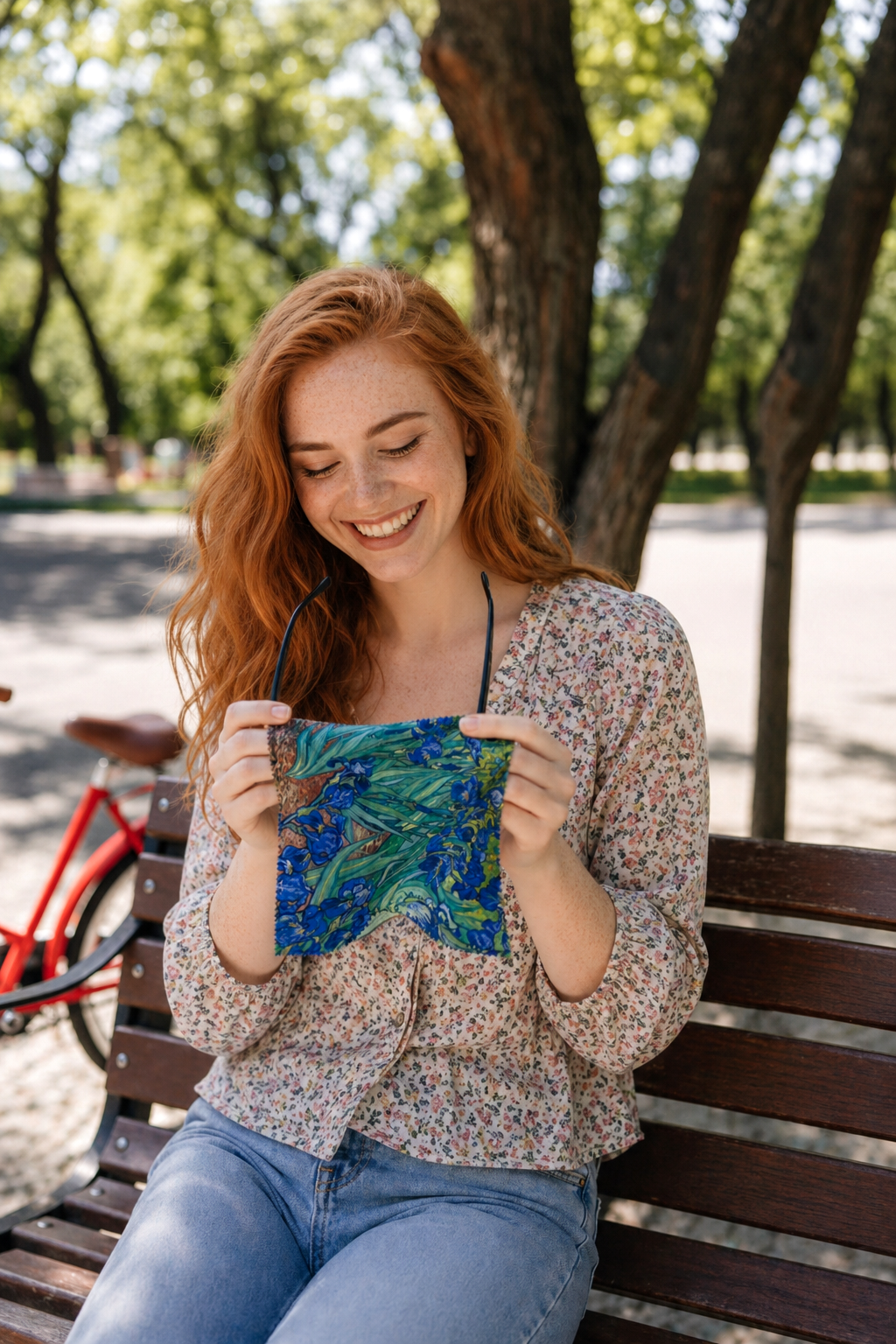 Woman holding a microfiber lens cloth featuring Irises by Vincent van Gogh from ArtyGifts
