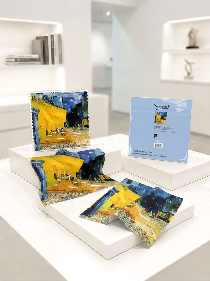 Art microfiber lens cloth set featuring Terrace of Café at Night by Vincent van Gogh, displayed in ArtyGifts store
