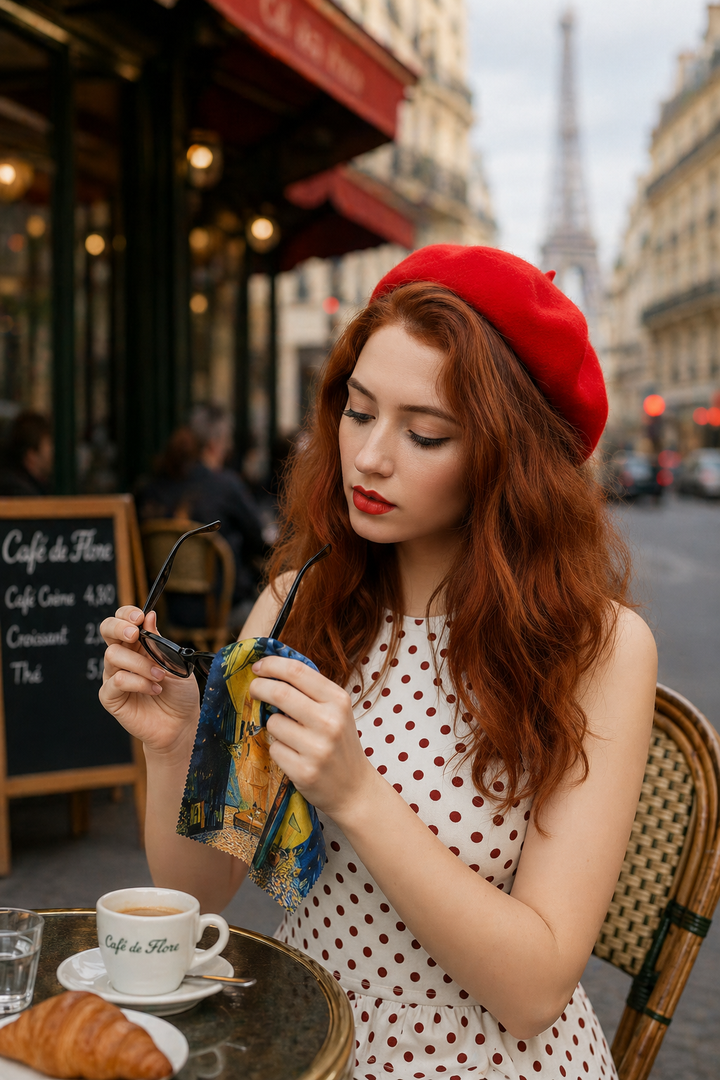 Woman holding a microfiber lens cloth featuring Terrace of Café at Night by Vincent van Gogh from ArtyGifts
