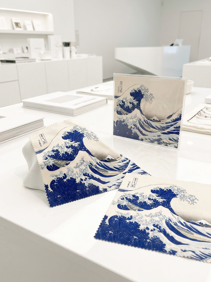 Lens Cloth Set The Great Wave Katsushika Hokusai – displayed in museum shop | ArtyGifts
